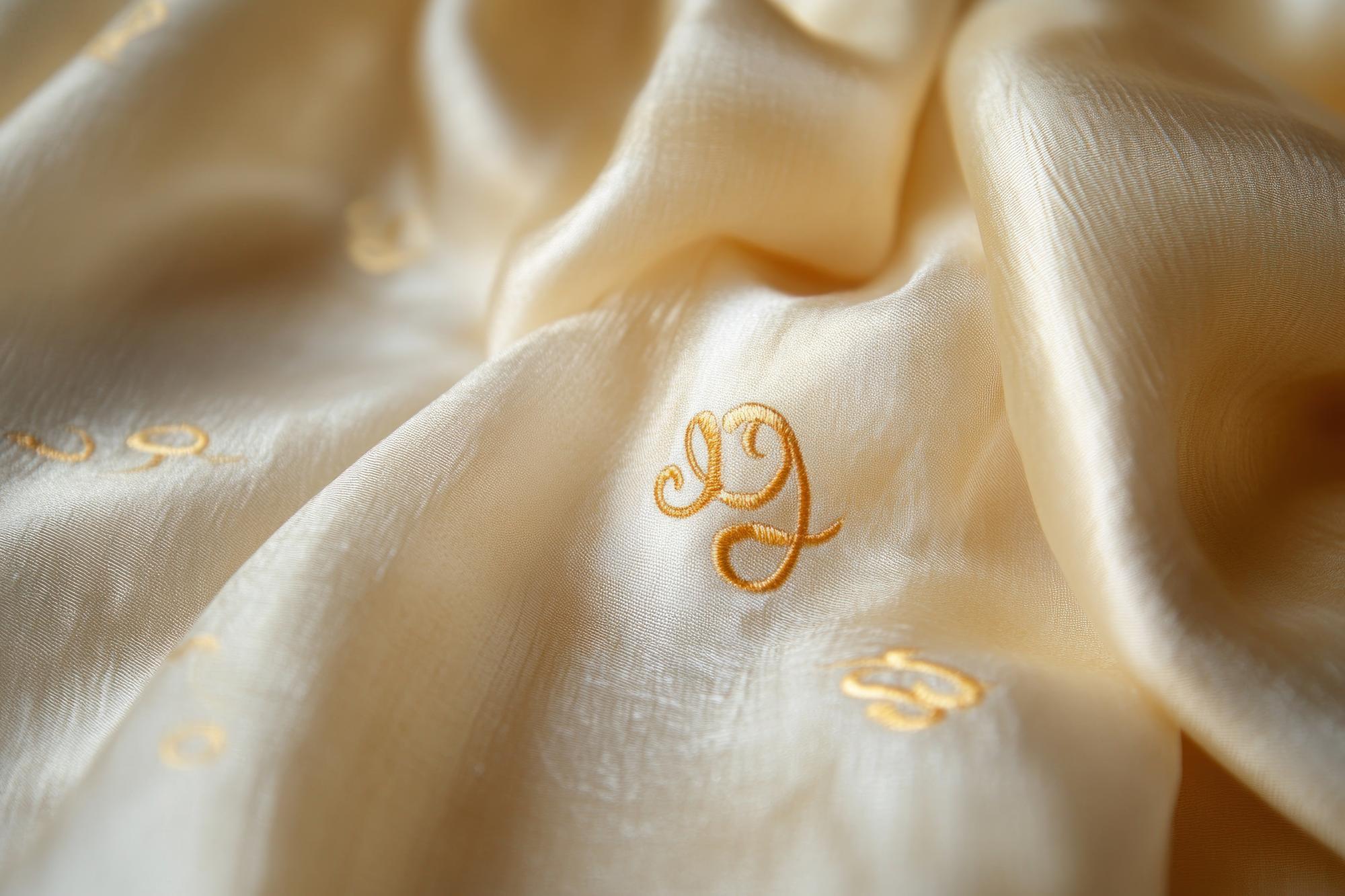 detailed gold thread monogram on linen